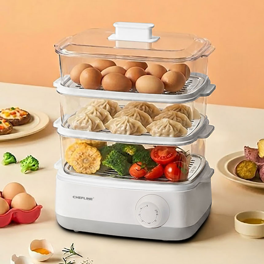 흰색 3단전기찜기 전면 제품 이미지
